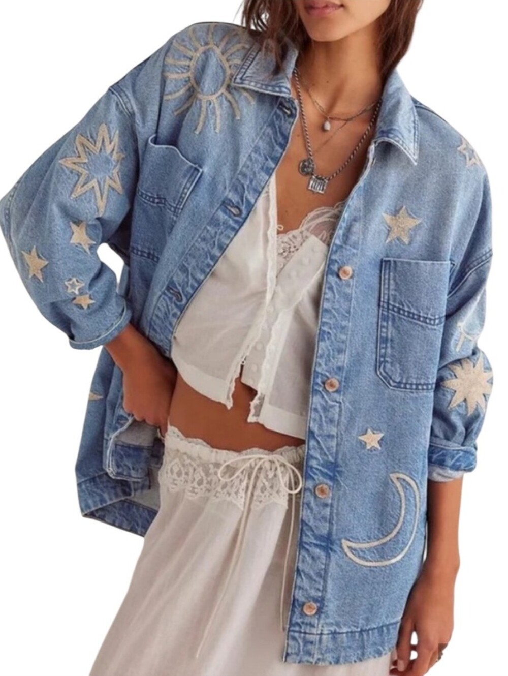 Loveimgs Celestial Embroidered Denim Jacket Moon Star Sun Medium NWT Stargirl